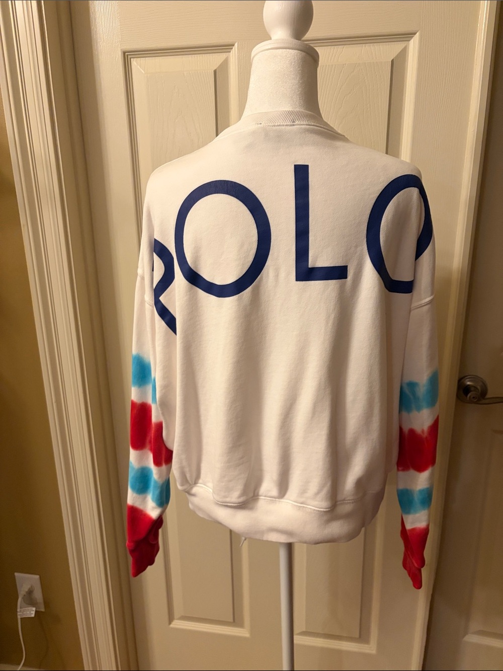 Polo White Crewneck Sweatshirt with Red & Blue Tie-Dye Sleeves